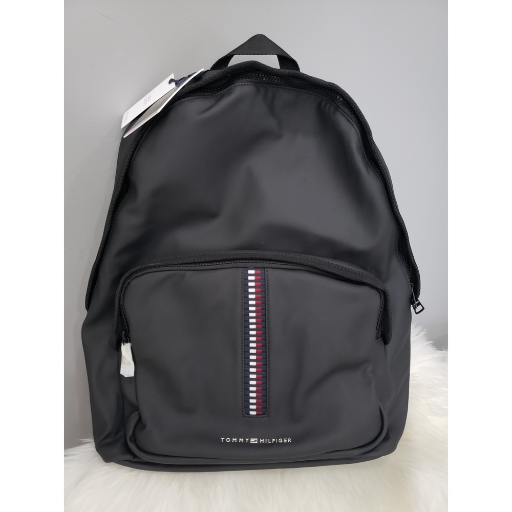 NEW TOMMY HILFIGER Backpack LAPTOP Black Dome Stripe Logo Mens Travel School